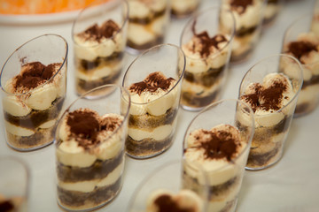 set of tiramisu desserts rowed on table