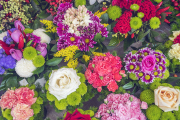 Colorful bouquets of different flowers. Flower shop