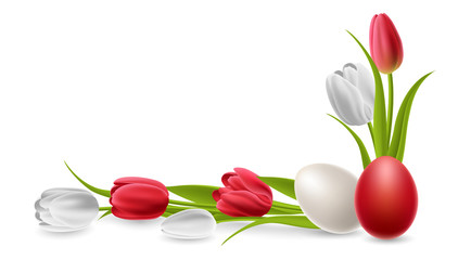 Red and white tulip flower with Easter eggs, forming a corner border decoration. Realistic vector illustration for spring and Easter design, isolated on white