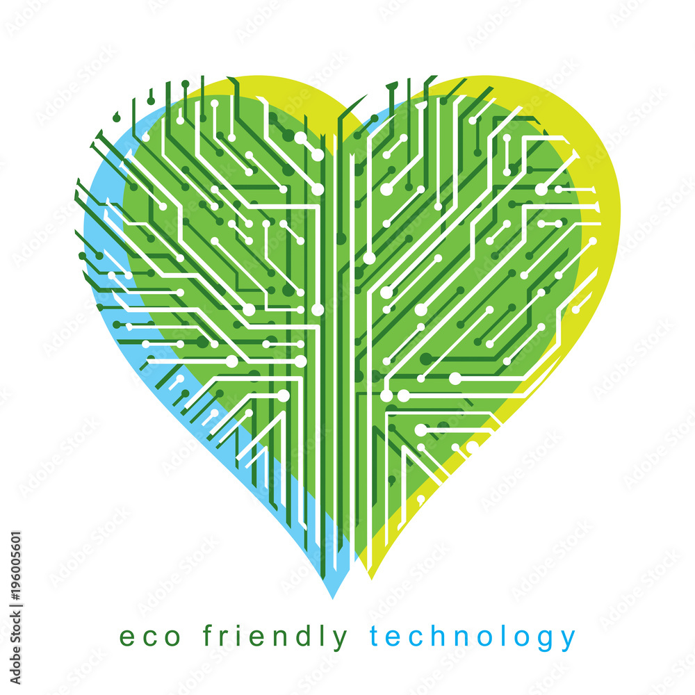 Poster artistic creative illustration of vector heart created in technology style, digital element. technol