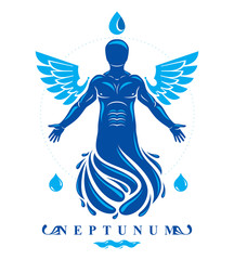 Vector graphic illustration of muscular human, individual made with bird wings. Pure water is free life, Poseidon the god of sea and defender of all waters.