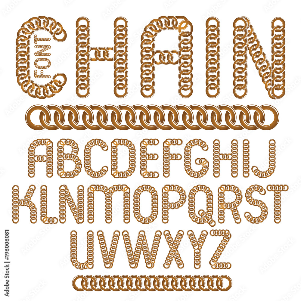 Fototapete vector script, modern alphabet letters set. upper case creative font made with steel chain link, joi