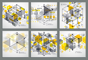 Mechanical scheme, yellow vector engineering drawings set with 3D cubes and geometric elements. Engineering technological wallpaper made with honeycombs.