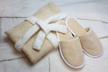 Bath slippers and bathrobe