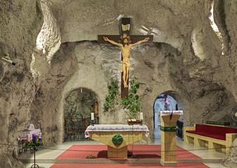 Main altar of Cave Church in Gellert Hill Cave in Budapest, Hungary