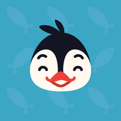 Penguin emotional head. Vector illustration of cute arctic bird shows happy emotion. Laugh emoji. Smiley icon. Decoration, print, chat, communication. Penguin in flat cartoon style on blue background.