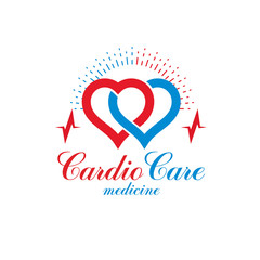 Cardio vector abstract logo made with red heart shape and an ekg chart. Cardiology medical support center conceptual emblem.