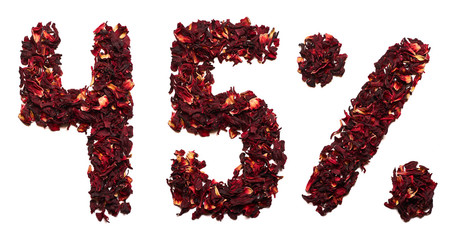 45 percent of hibiscus tea on a white background isolated.