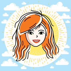 Beautiful women face, human head. Vector redhead character, attractive lady face features.