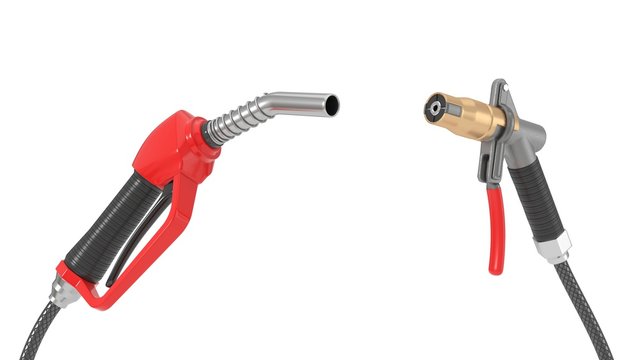 red fuel nozzle and gas pump nozzle. 3d illustration