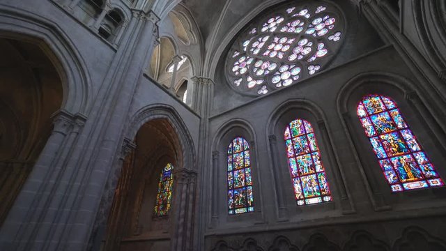 Lausanne Cathedral Rosace with stained glass. Beautiful ancient medieval church architecture