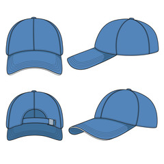 Set of color illustrations with a blue baseball cap. Isolated vector objects on white background.