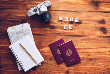 Just go words made from wooden letters. Travel concept