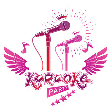 Karaoke party promotion poster design composed using musical notes, 5 pentagonal stars and wings. Rap battle concept, two stage microphones vector illustration.