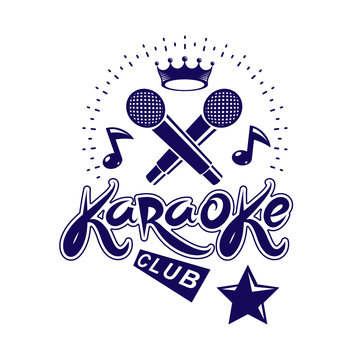 Nightclub karaoke advertising poster composed with stage or recorder microphone vector illustration and musical notes. Superstar performance advertising announcement.