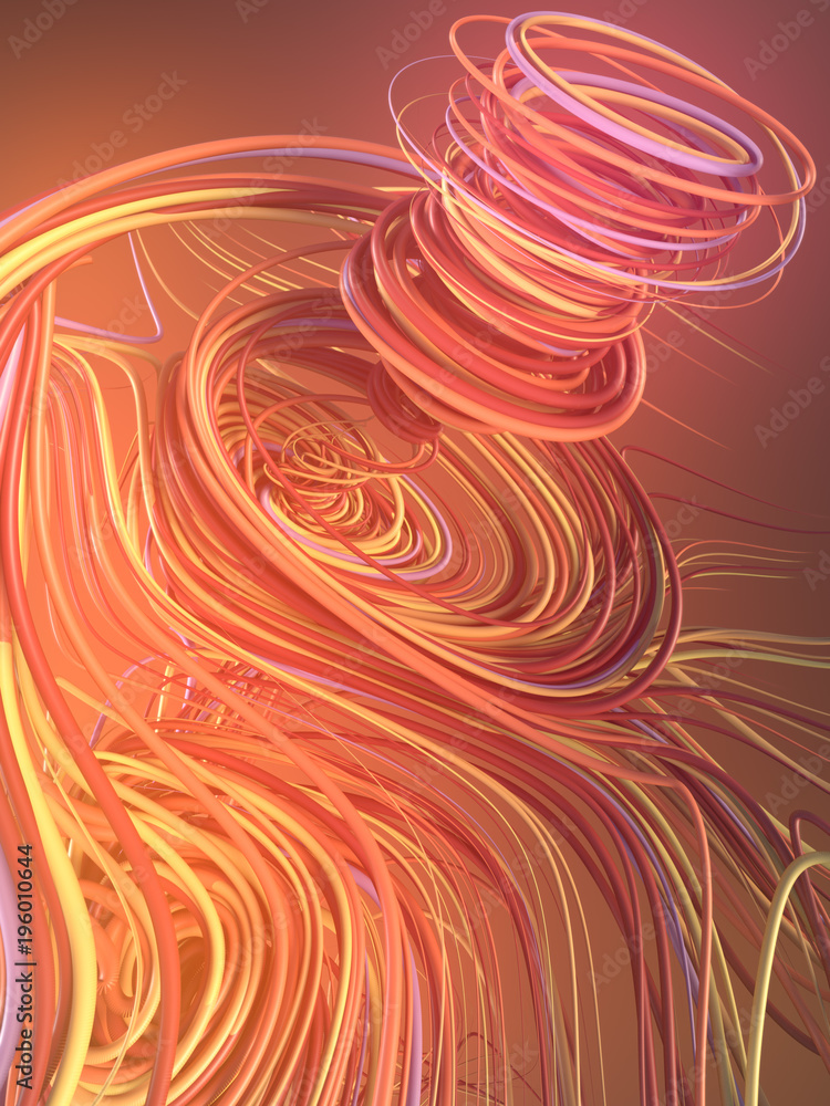 Poster Interlacing abstract red and orange curves. 3D rendering