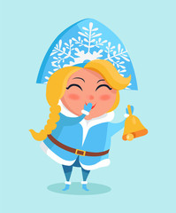 Snow Maiden in Cute Warm Winter Cloth Covers Mouth