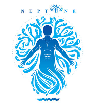 Vector graphic illustration of strong male, body silhouette surrounded by a water ball. Living in harmony with nature.