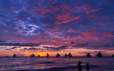 Beautiful sunset on Boracay white beach, Philippines