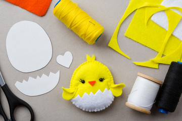 Cut-out details chicken toy. Scissors. Fabric crafts for kids step by step. How to make a cute felt...