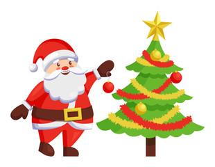 Fototapeta na wymiar Santa Claus Decorate New Year Tree by Hanging Ball