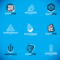 Set of microprocessor scheme abstract logotypes. Futuristic cybernetic vector motherboard. Digital elements, circuit board.