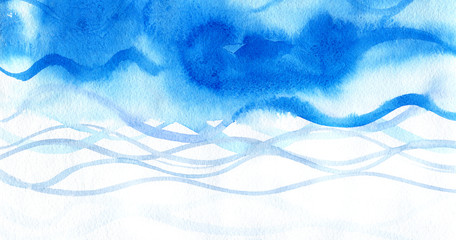 Blue sky and waves watercolor background.