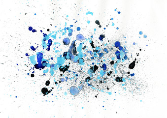 Blue water spots and drops. Watercolor splatter background.