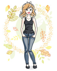 Attractive young blonde woman standing on background of autumn landscape and wearing stylish casual clothes. Vector human illustration.