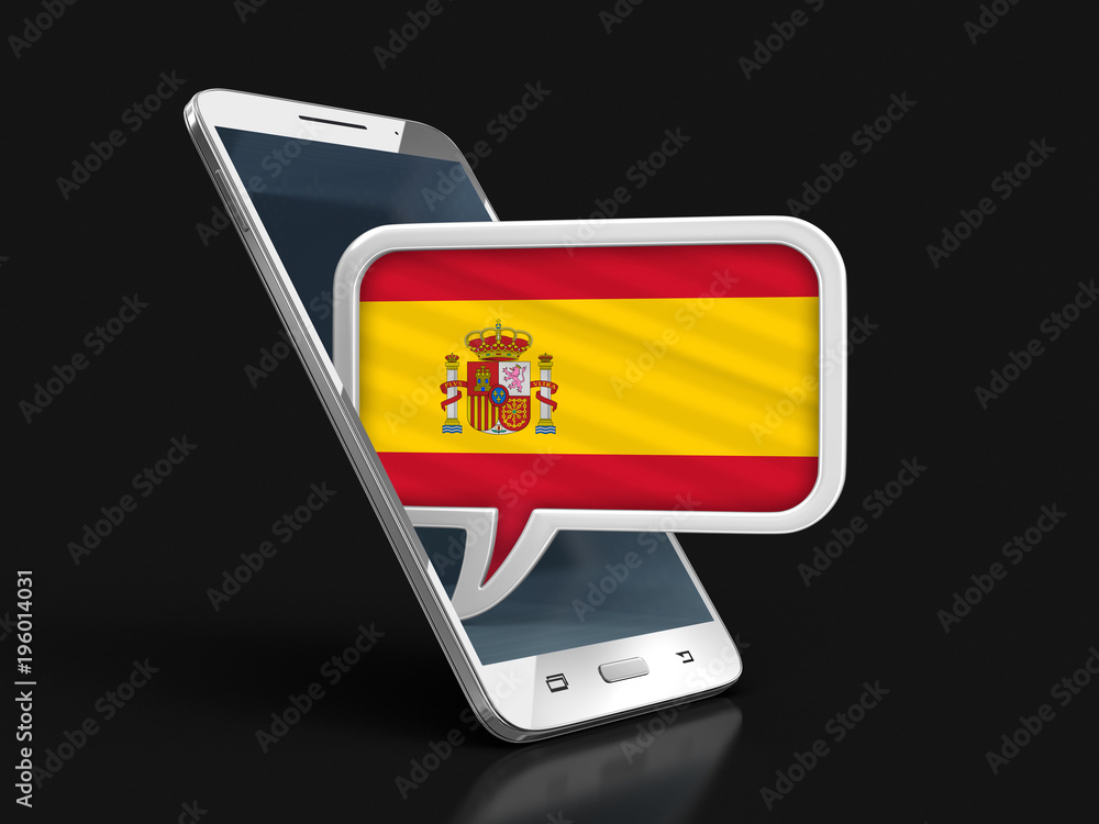 Poster touchscreen smartphone and speech bubble with spanish flag. image with clipping path