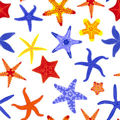 Sea stars seamless pattern. Marine and nautical backgrounds with starfishes. Starfish underwater invertebrate animal. Vector illustration