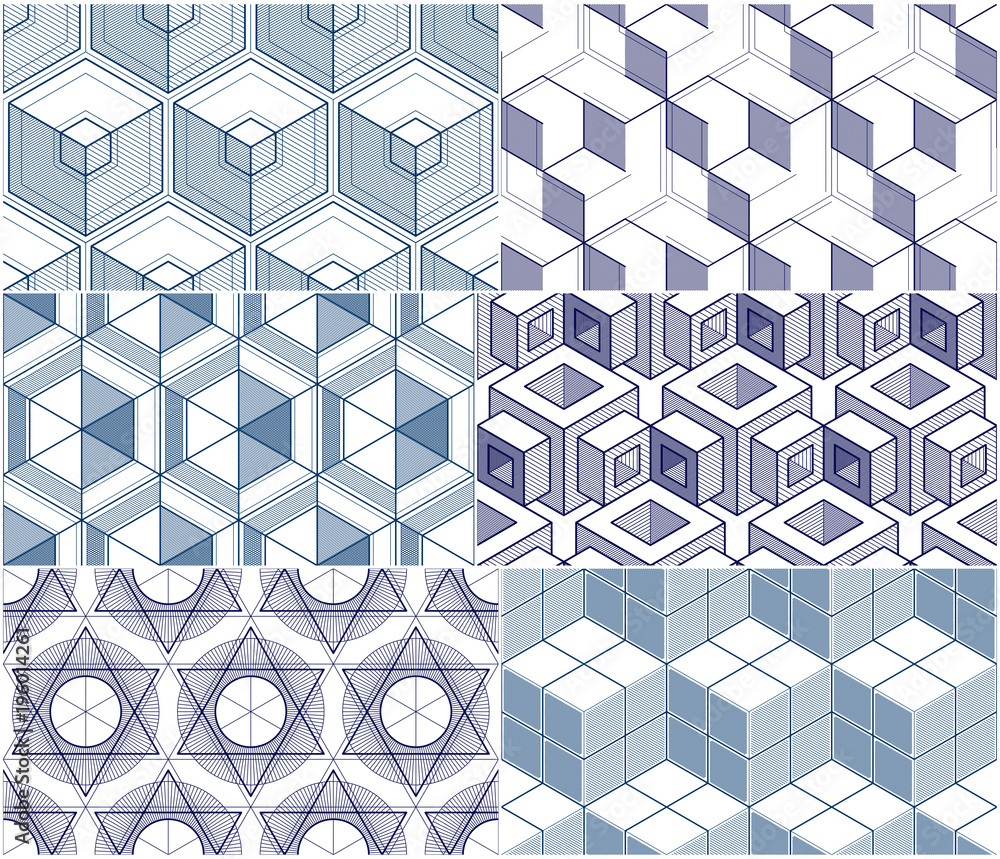 Poster geometric 3d lines abstract seamless patterns set, vector backgrounds cubes collection. technology s