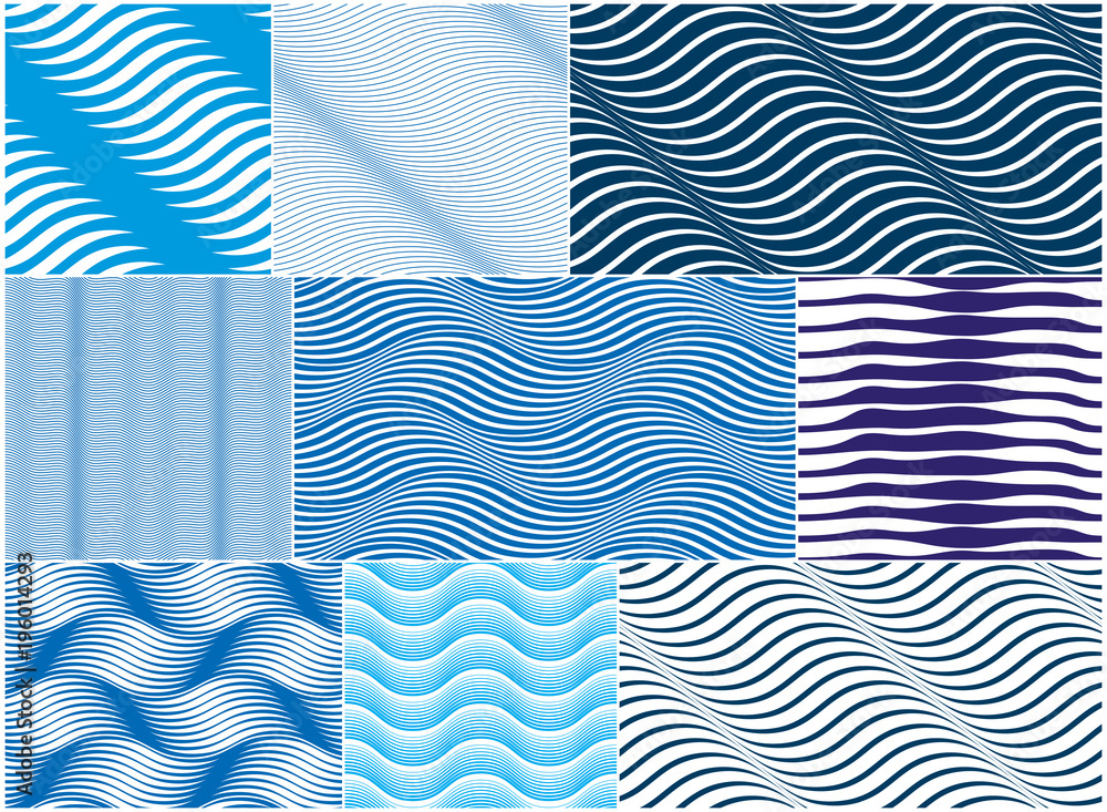 Poster chaotic waves seamless pattern, vector curve lines abstract repeat tiling background, blue color rhy