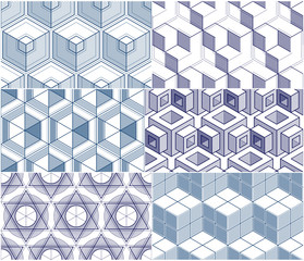 Geometric 3d lines abstract seamless patterns set, vector backgrounds cubes collection. Technology style engineering line drawing endless illustration. Usable for fabric, wallpaper, wrapping.