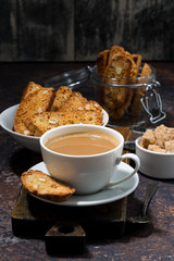 coffee with milk and Italian cookies cantucci, vertical