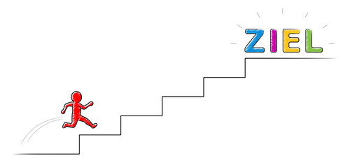 Rotes M&auml;nnchen strebt hochgestecktes Ziel an / Schraffierte Vektor-Zeichnung