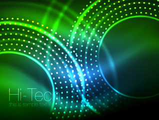 Magic neon circle shape abstract background, shiny light effect template for web banner, business or technology presentation background or elements, vector illustration