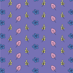 Beautiful floral pattern pink and yellow leaves, blue flowers on a purple background. Lovely pastel texture, option for textiles, fabrics.