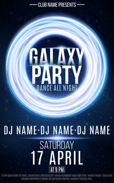 Poster for galaxy party. Round banner of luminous neon swirling lines. Name of club and DJ. Night party flyer. Starry sky. Vector illustration