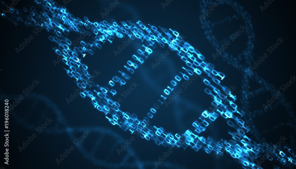 Poster binary code inside dna helix. 3d rendered illustration.