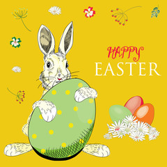 Easter Bunny with Easter eggs with flowers around. Vector illustration on yellow background. Happy Easter