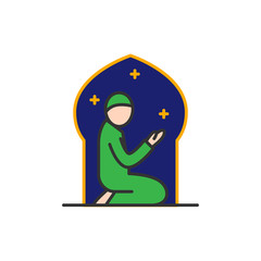 Muslims praying at the night in mosque. Simple monoline icon style for muslim ramadan and eid al fitr celebration.
