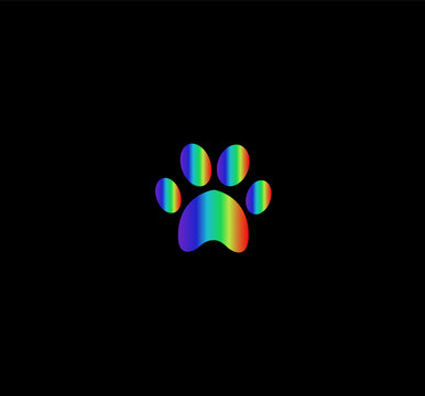 rainbow animal paw print icon isolated on black  background