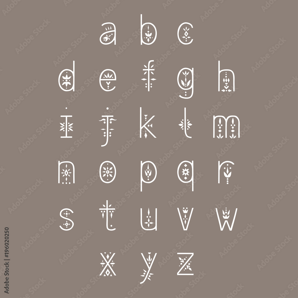 Poster vector display alphabet. lowercase letters decorated with floral patterns.