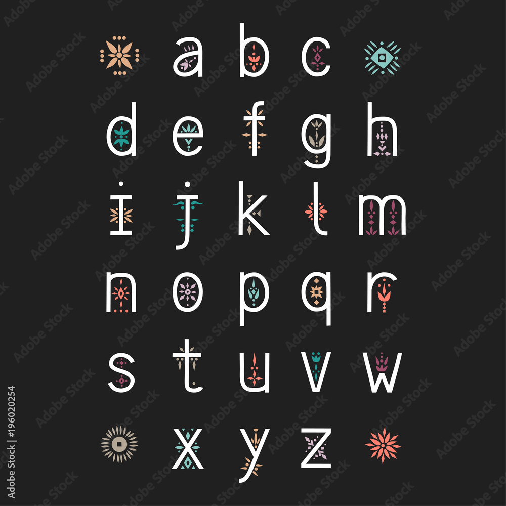 Poster vector display alphabet. lowercase letters decorated with color floral patterns on a black backgroun