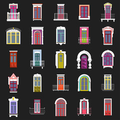 Vector set of flat vintage colorful decorative doors, windows, balconies on a black background.