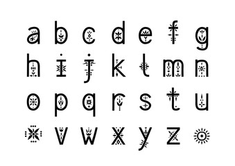 Vector display alphabet. Lowercase letters decorated with floral patterns.