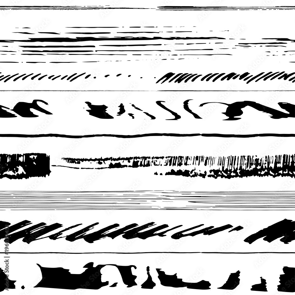 Poster vector hand-drawn striped seamless pattern made of ink strokes and smears.