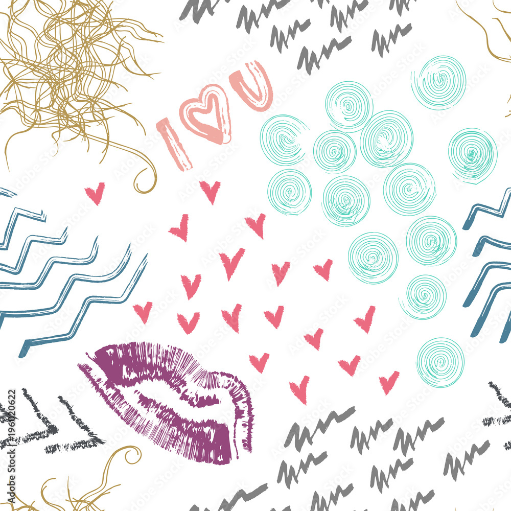Poster vector hand-drawn feminine seamless pattern made of colored smears and strokes.