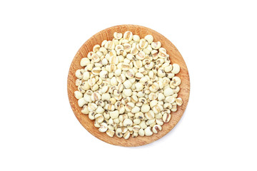 Job's tears in the wooden bowl  isolated on white background with clipping path.